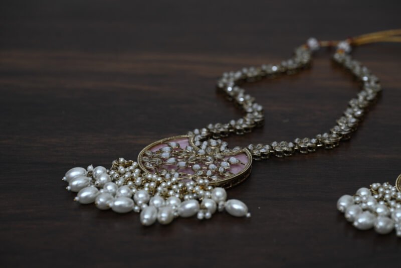 Chandni Mother of Pearl Kundan Pink Long Necklace - Image 9