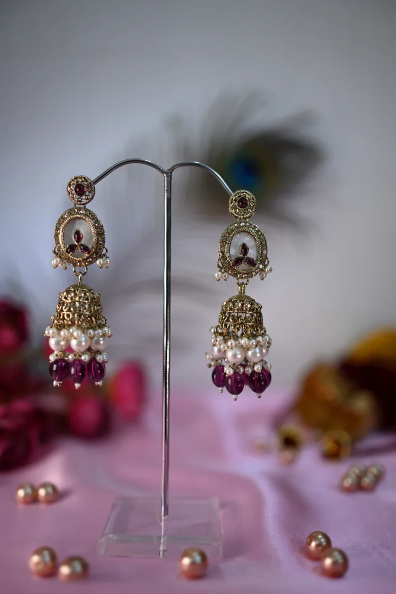 Gulbadan Pearls Purple and White Jhumkis - Image 4