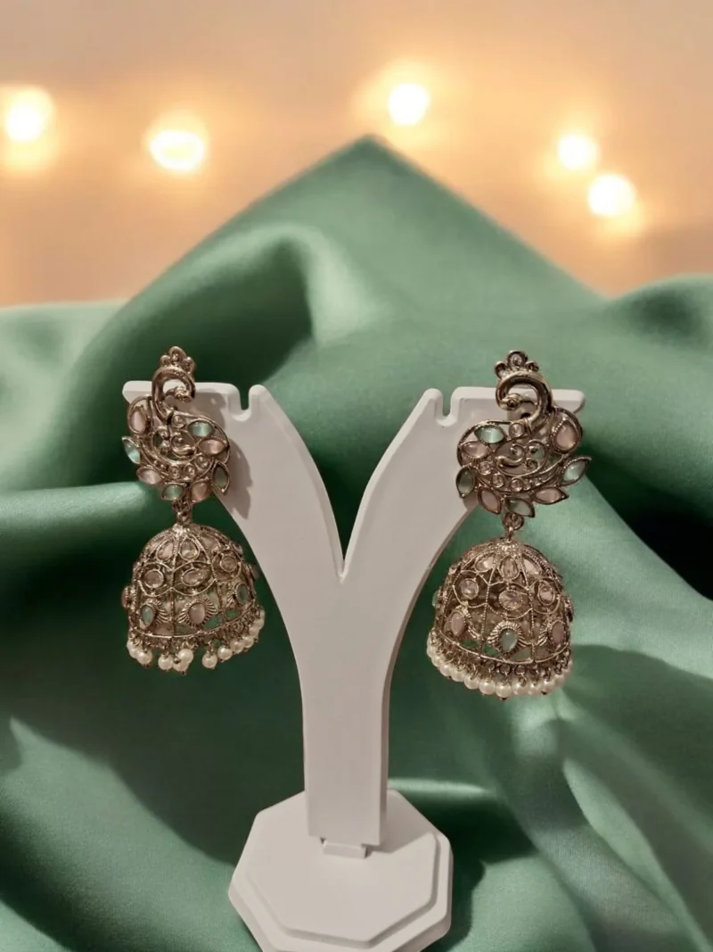 Chandni Elegance Mint Green and Pink Jhumkis - Image 2