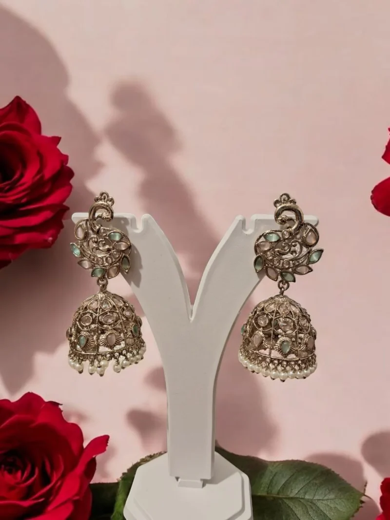 Chandni Elegance Mint Green and Pink Jhumkis - Image 4