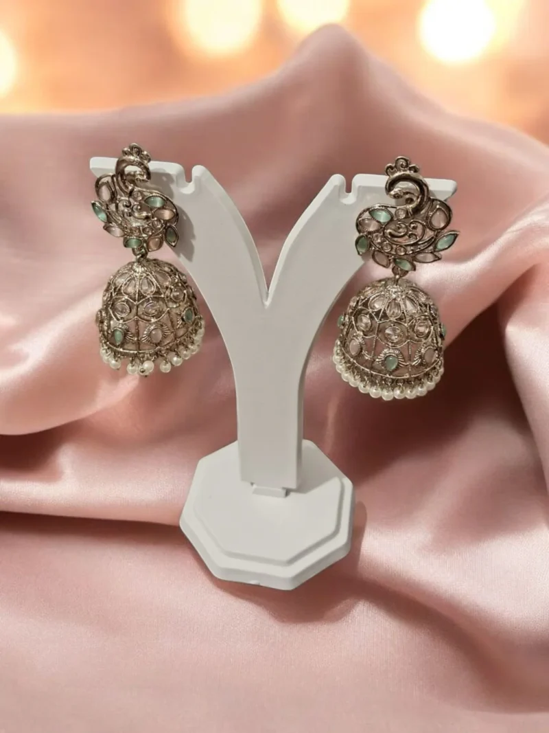 Chandni Elegance Mint Green and Pink Jhumkis - Image 3