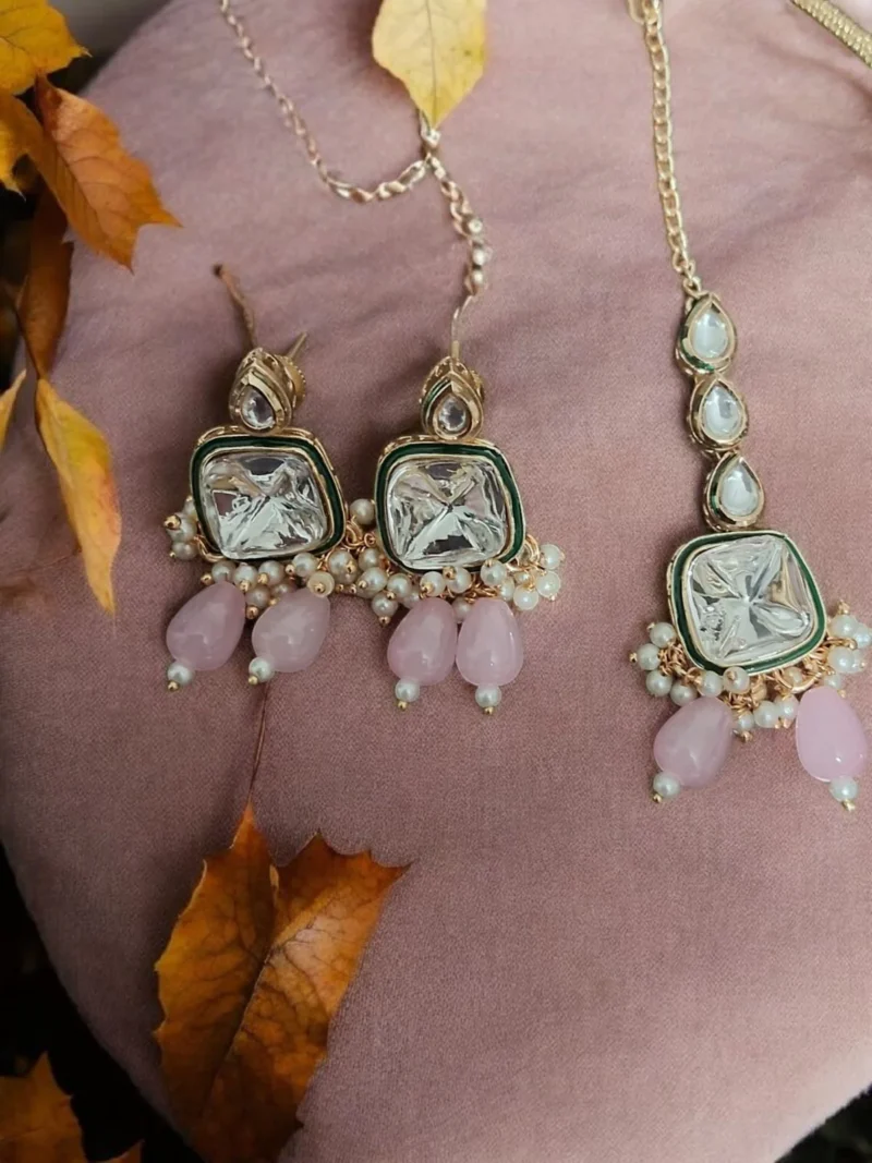 Aahana Polki Kundan Pink pearl necklace Set - Image 3