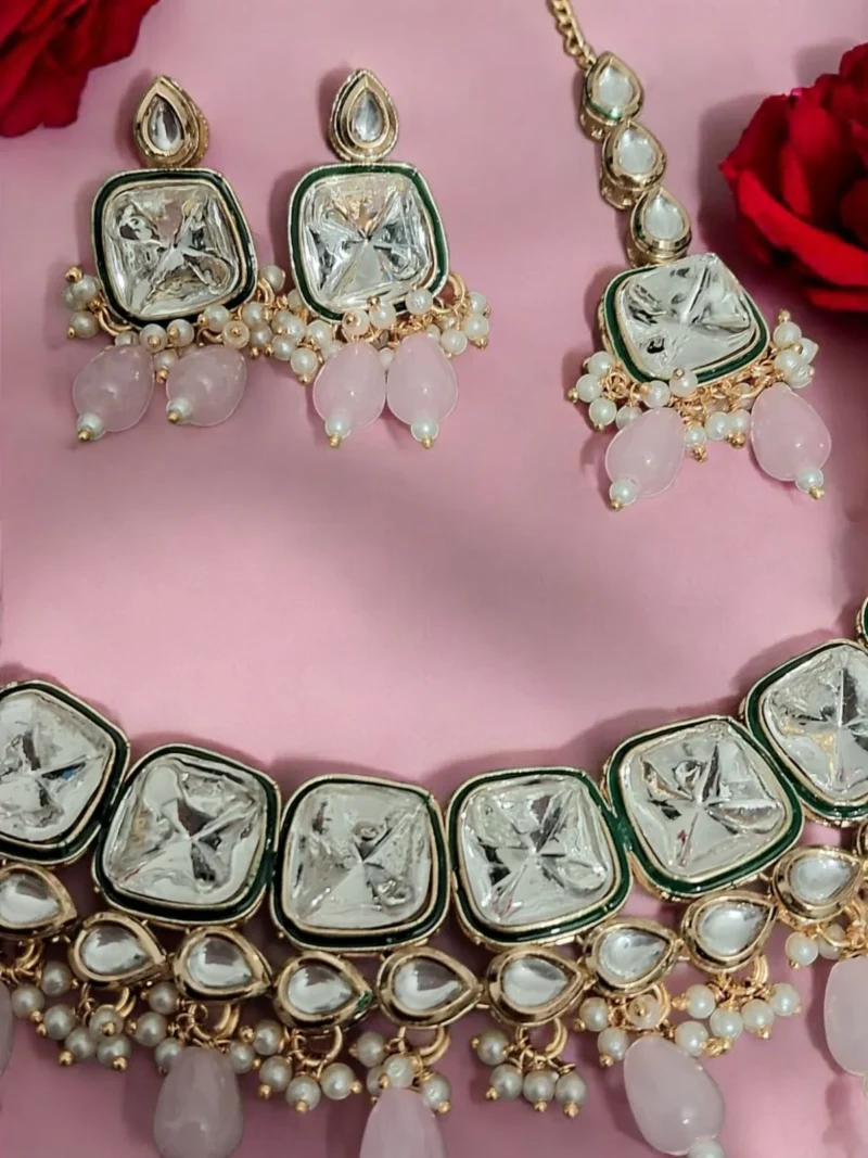 Aahana Polki Kundan Pink pearl necklace Set - Image 2